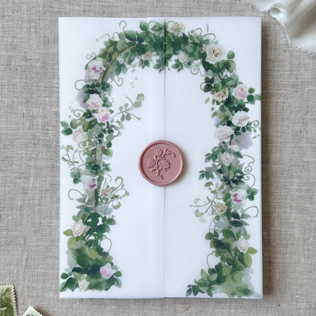 "Floral and greenery arch vellum jacket | Set of 10" - Invitation Jackets and Overlays in multicolor by Maria Ferrer G.
