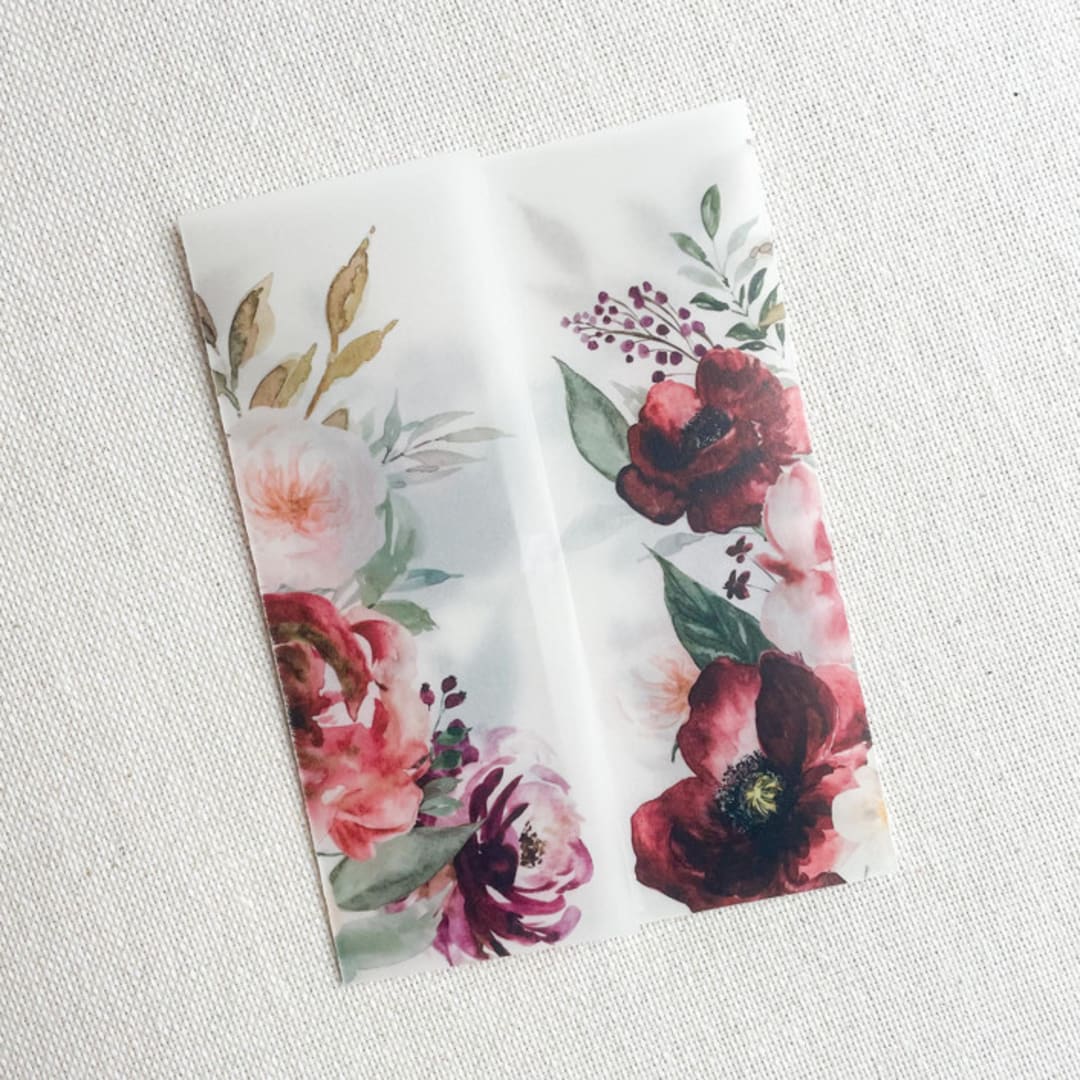 "Blush & Burgundy Floral Vellum Jacket | Set of 10" - Invitation Jackets and Overlays in multicolor by Megan Tendler