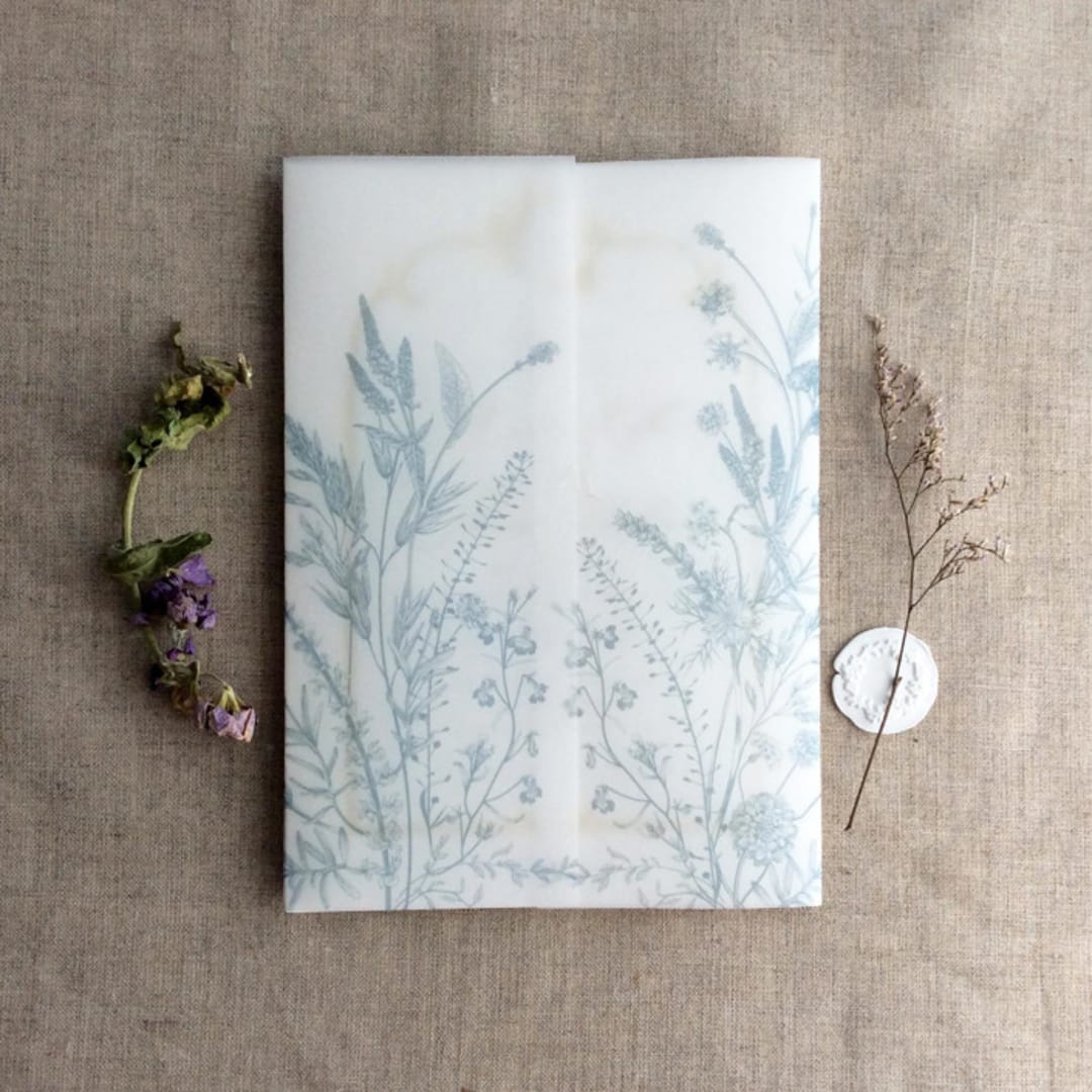 "Steel blue English botanical garden floral vellum wrap for 5x7 card | pack of 10" - Invitation Jackets and Overlays in blue by Ivory Invitations