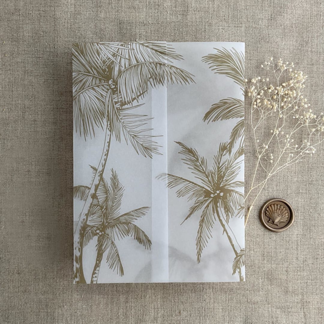 "Palm trees beach side hazelnut printed vellum wrap for 5x7 card | pack of 10" - Invitation Jackets and Overlays in natural by Ivory Invitations