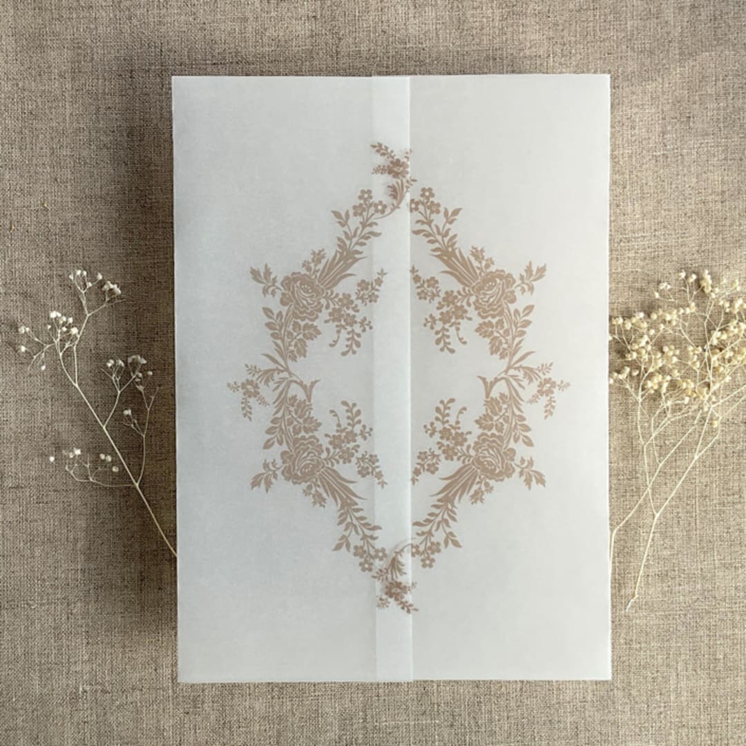 "Cashmere print French floral crest vellum wrap for 5x7 card | pack of 10" - Invitation Jackets and Overlays in beige by Ivory Invitations
