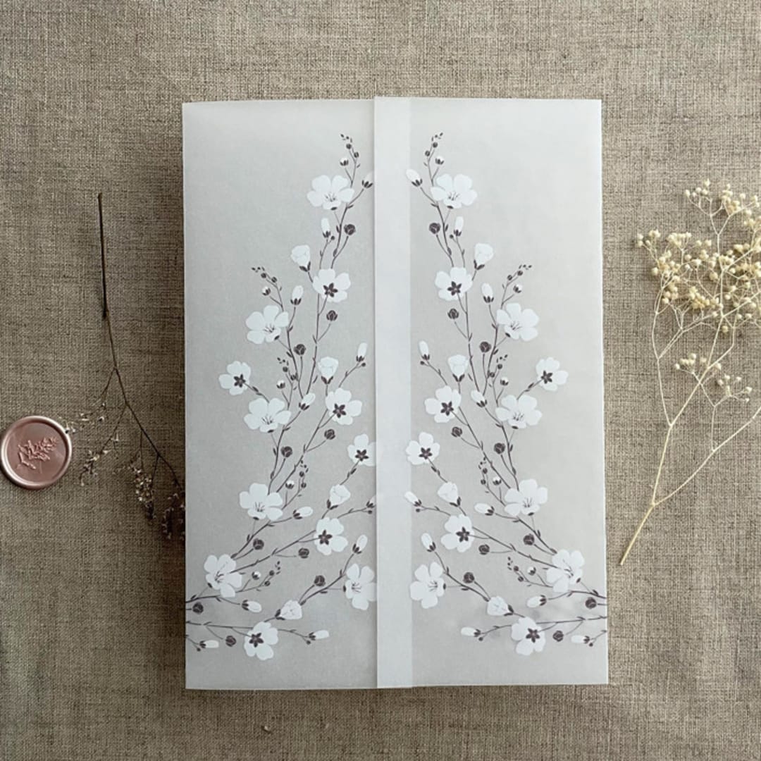 "White ink print white flax flower branch printed vellum wrap for 5x7 card  | pack of 10" - Invitation Jackets and Overlays in white by Ivory Invitations