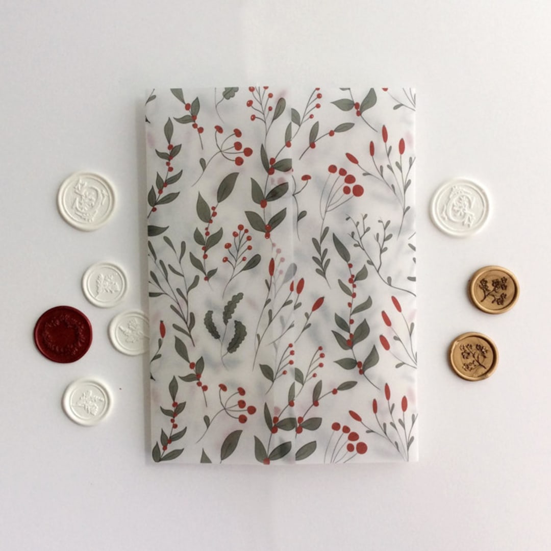 "Red wild berries leafy branches printed vellum wrap for 5x7 card | pack of 10" - Invitation Jackets and Overlays in multicolor by Ivory Invitations