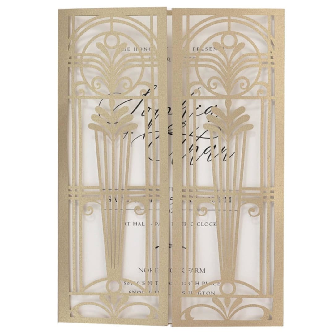 "Old Gold Great Gatsby Gatefold Laser Cut Invitation Jacket for 5x7 Card | Set of 10 | Envelopes Included" - Invitation Jackets and Overlays in gold by Self Stationery