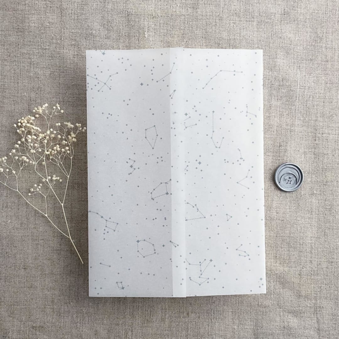 "Stella Celestial steel blue color printed vellum wrap for 5x7 card | pack of 10" - Invitation Jackets and Overlays in blue by Ivory Invitations