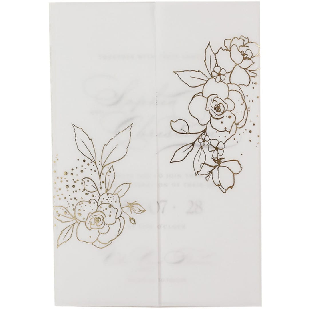 "Modern Vellum Jacket Real Gold Foil Stamping Roses, Set of 10" - Invitation Jackets and Overlays in gold by Self Stationery