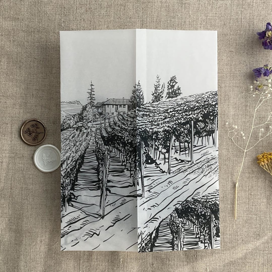 "Black vineyard landscape sketch printed vellum wrap for 5x7 card | pack of 10" - Invitation Jackets and Overlays in black by Ivory Invitations