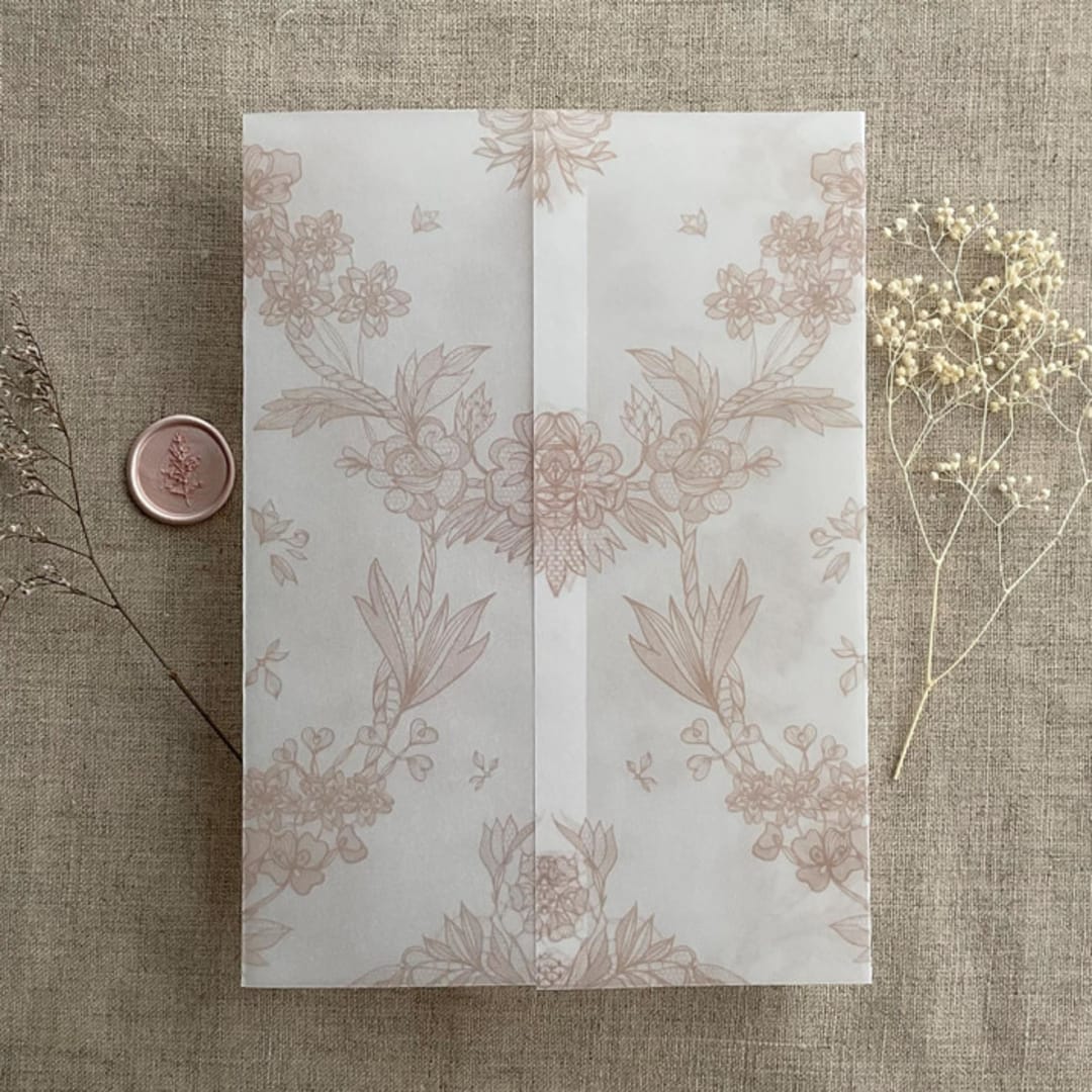 "Venetian floral lace cashmere color printed vellum wrap for 5x7 card | pack of 10" - Invitation Jackets and Overlays in pink by Ivory Invitations