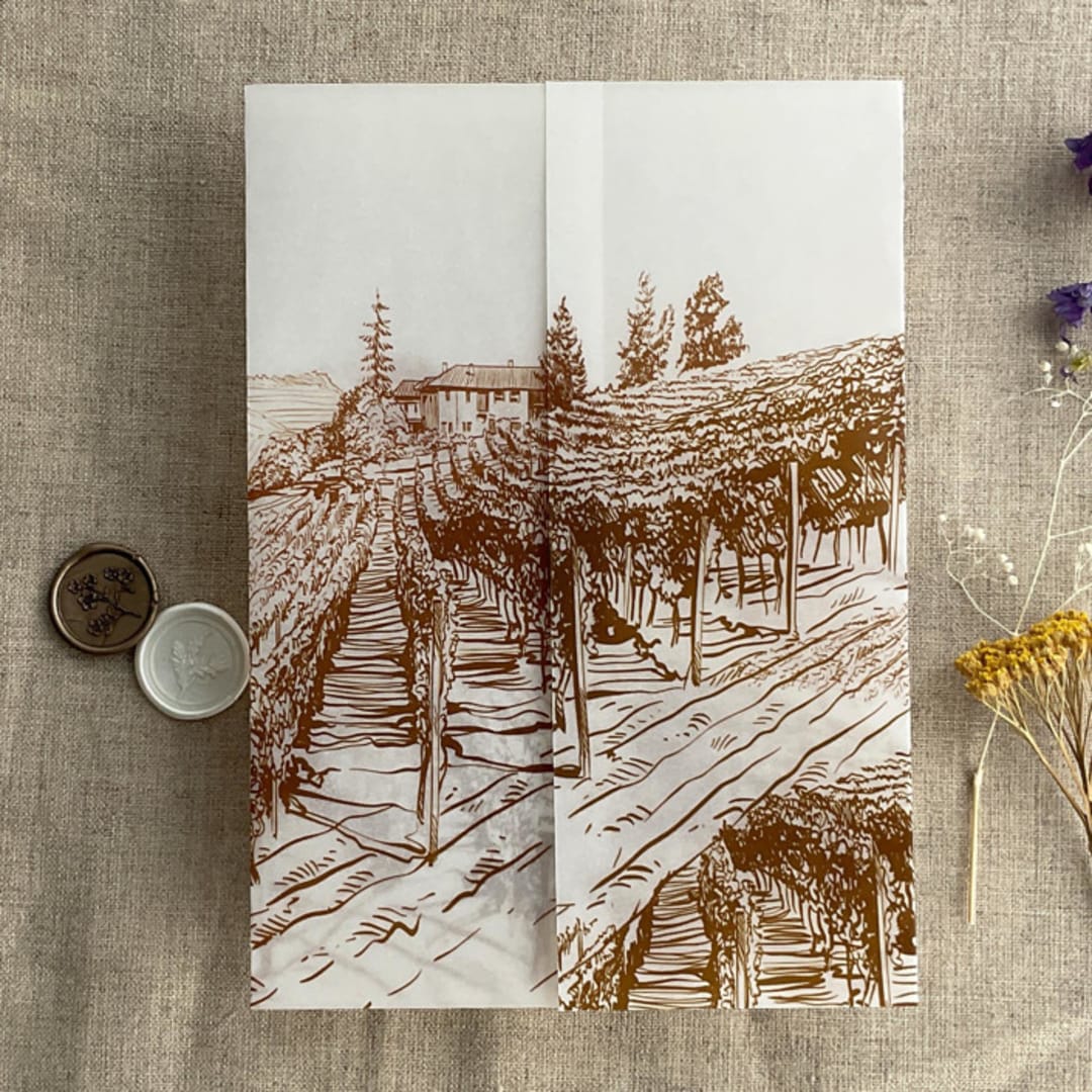 "Brown vineyard landscape sketch printed vellum wrap for 5x7 card | pack of 10" - Invitation Jackets and Overlays in brown by Ivory Invitations