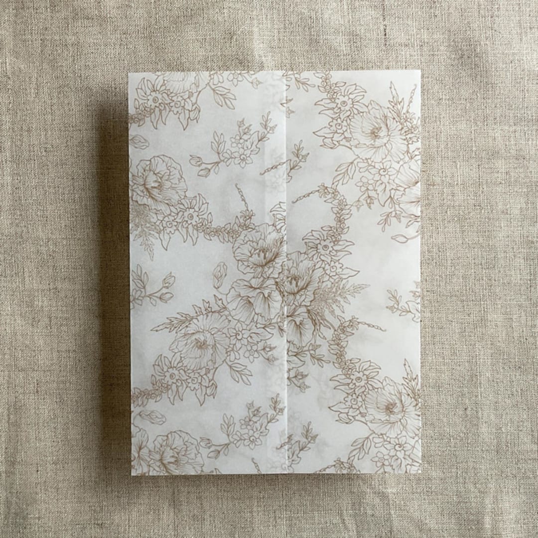 "Hazelnut poppy floral toile printed vellum wrap for 5x7 card | pack of 10" - Invitation Jackets and Overlays in natural by Ivory Invitations