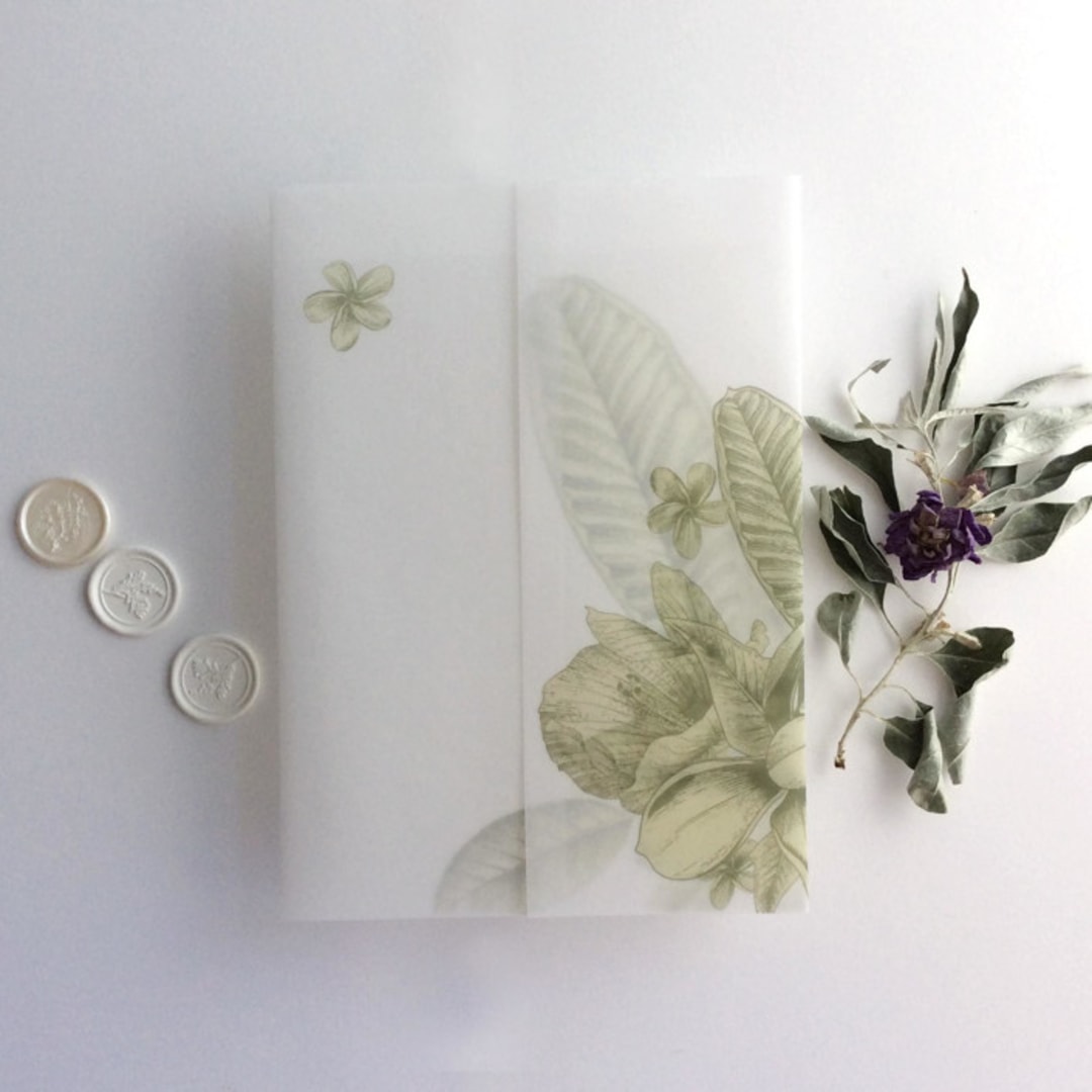 "Moss olive green floral Chelsea tropical flowers and leaves printed vellum wrap for 5x7 card | pack of 10" - Invitation Jackets and Overlays in green by Ivory Invitations