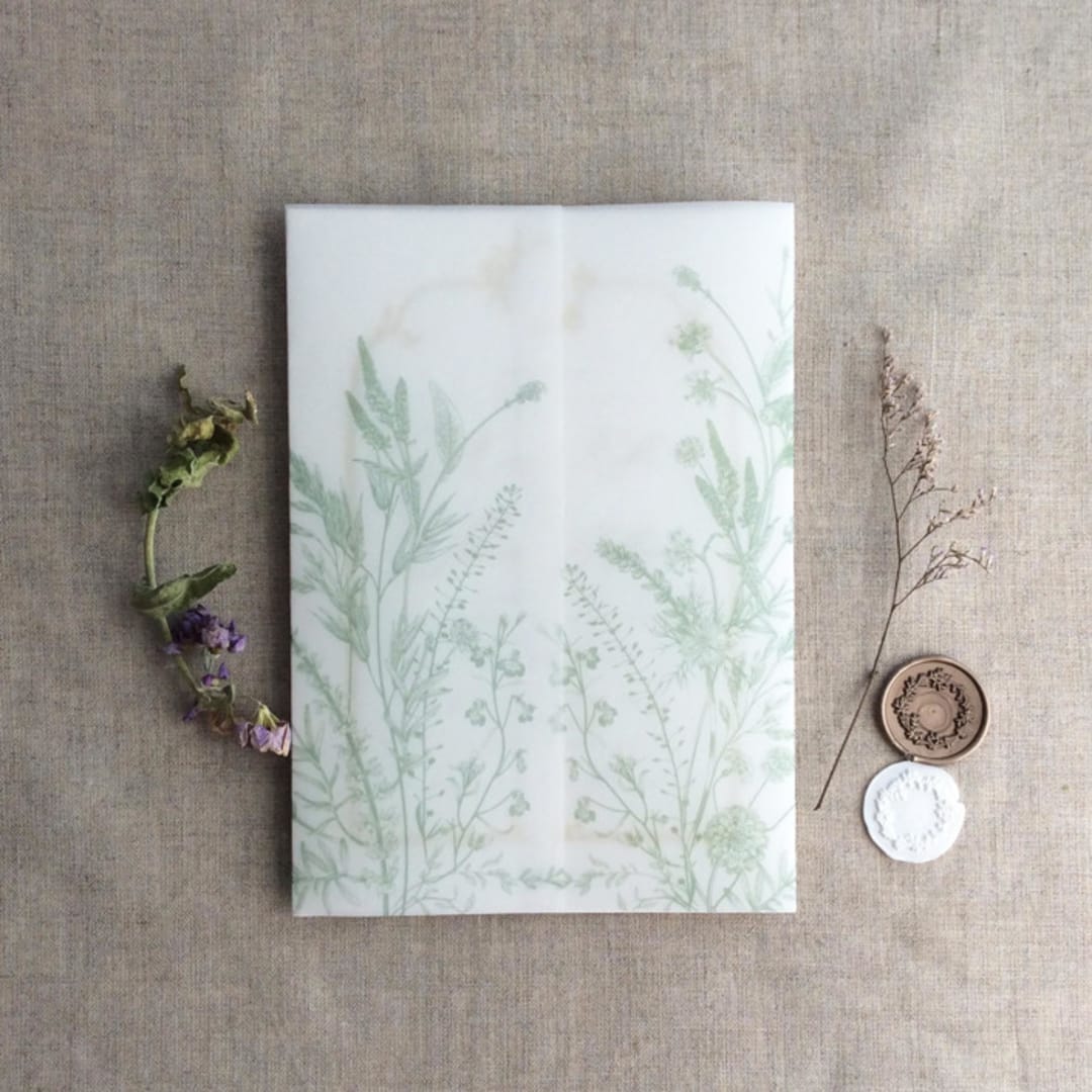 "Sage English botanical garden floral vellum wrap for 5x7 card | pack of 10" - Invitation Jackets and Overlays in green by Ivory Invitations