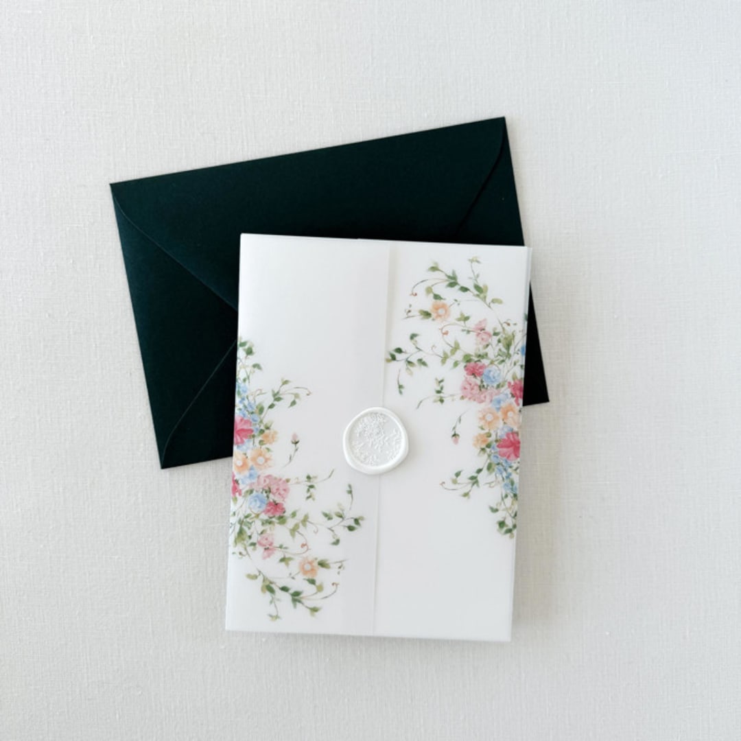 "Pink and blue  Wildflower Vellum Jacket for 5 x 7 Wedding Invitation, Set of 10" - Invitation Jackets and Overlays in pink by Eva Friesen