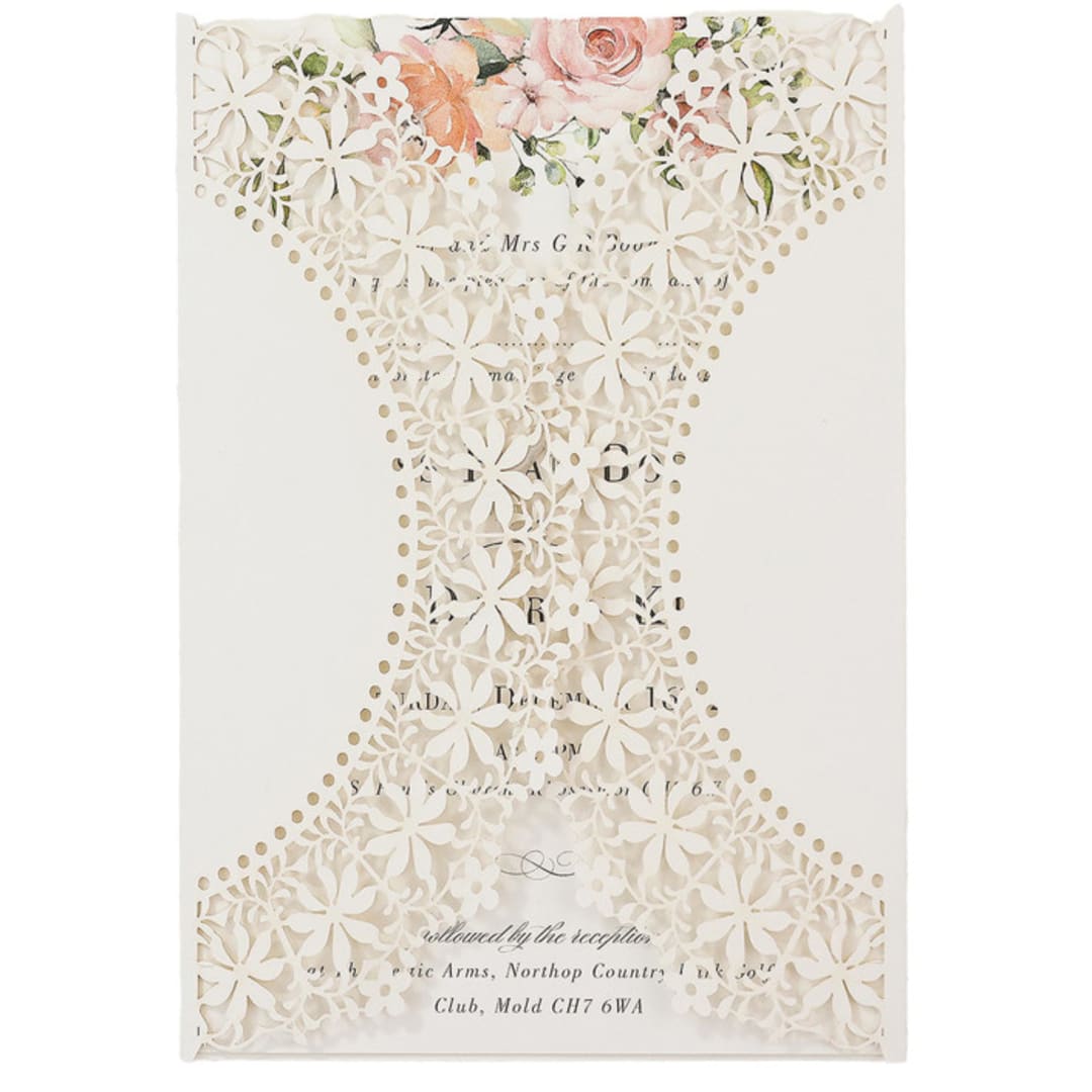 "Ivory Lace Laser Cut Jacket for 5x7 Card | Set of 10 | Envelopes Included" - Invitation Jackets and Overlays in multicolor by Self Stationery