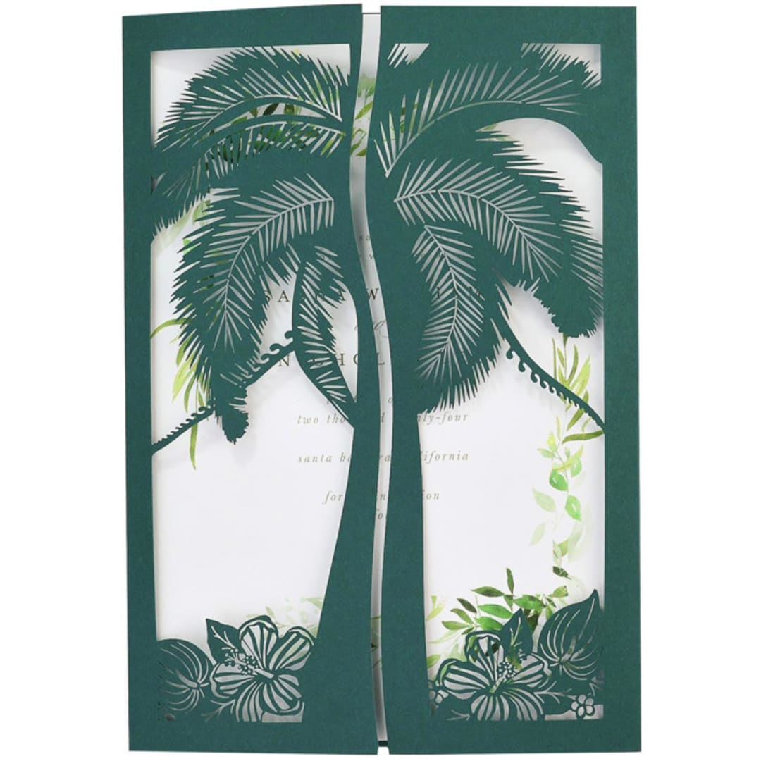 "Green Laser Cut Jacket With a Palm Tree for 5x7 Card | Set of 10 | Envelopes Included" - Invitation Jackets and Overlays in green by Self Stationery