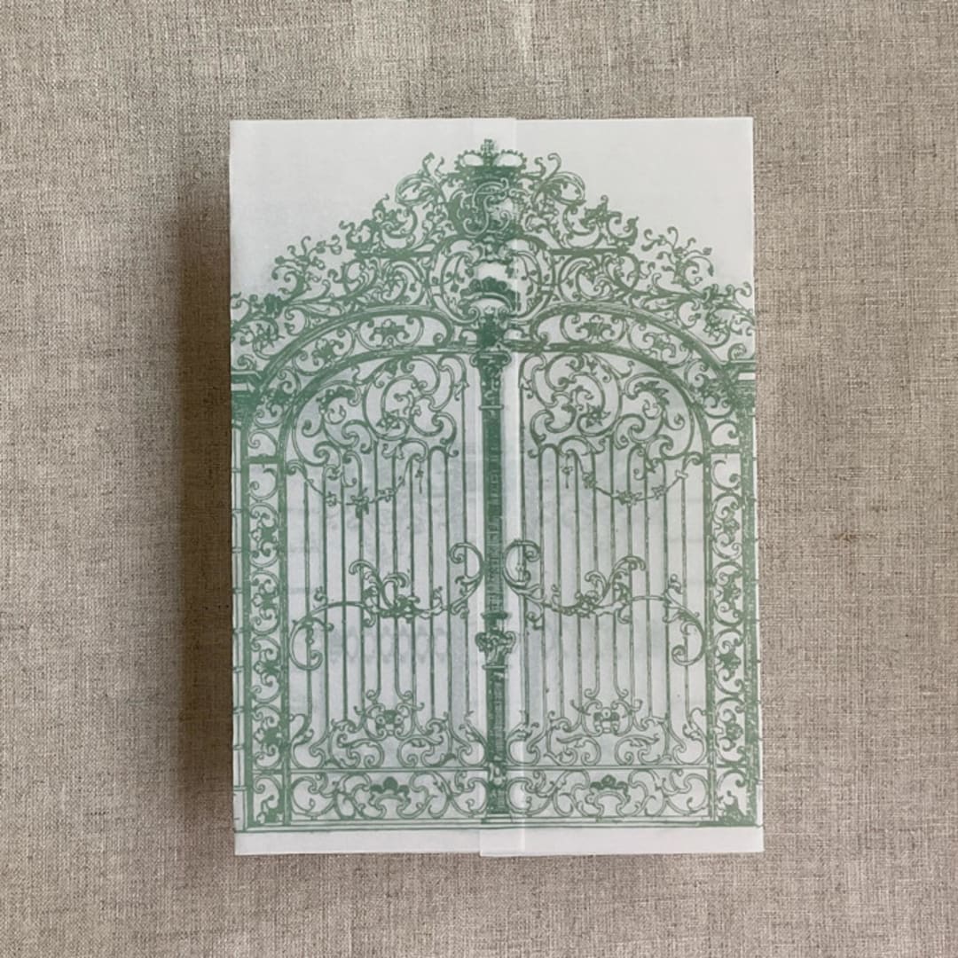 "Sage vintage arched gate printed vellum wrap for 5x7 card | pack of 10" - Invitation Jackets and Overlays in green by Ivory Invitations