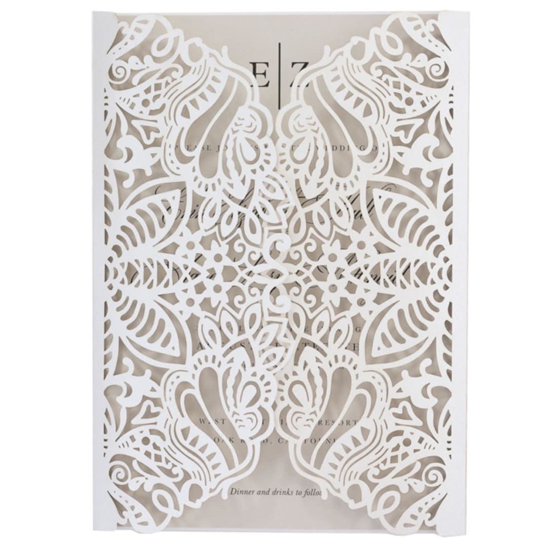 "Custom Laser Cut Jacket for 5x7 Card | Set of 10 | Envelopes Included" - Invitation Jackets and Overlays in white by Self Stationery