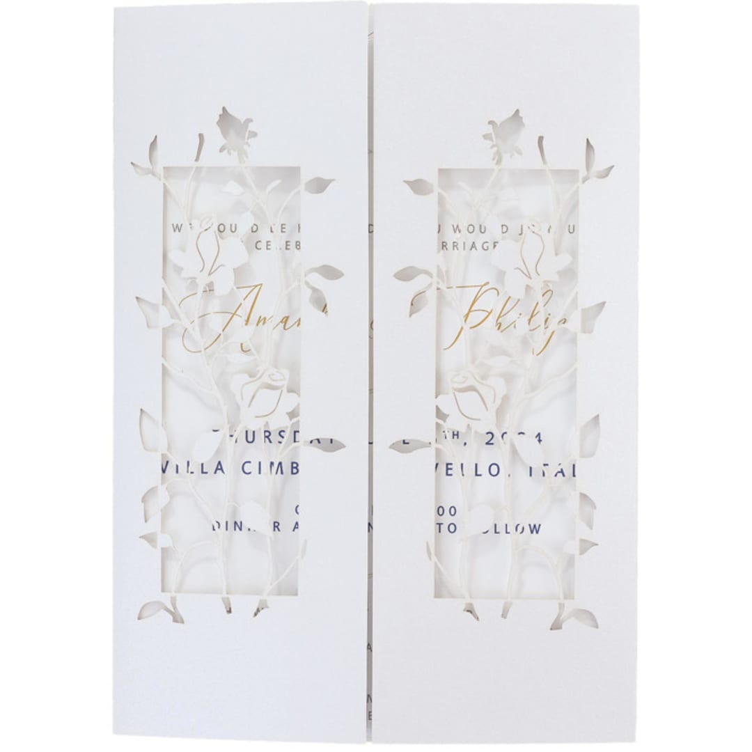 "White Metallic Laser Cut Covers with Roses for 5x7 Card | Set of 10 | Envelopes Included" - Invitation Jackets and Overlays in white by Self Stationery