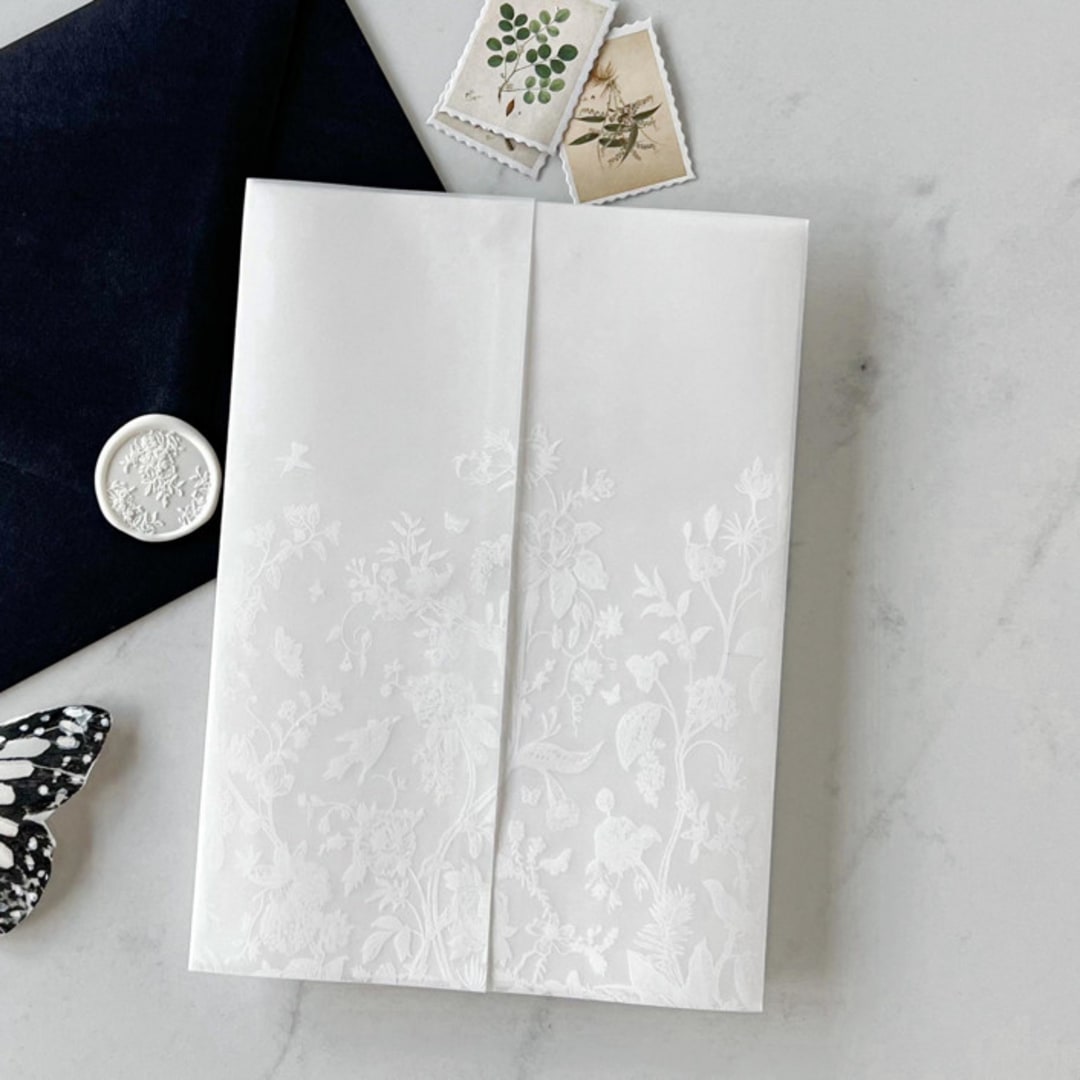 "Vintage Floral White Vellum Wrap | Set of 10" - Invitation Jackets and Overlays in white by Eva Friesen