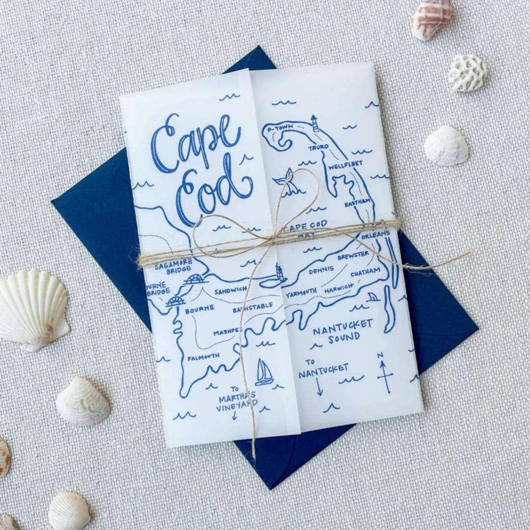 "Cape Cod Vellum Jackets | Set of 10 | Blue & Green Color Options" - Invitation Jackets and Overlays in blue by Megan Tendler