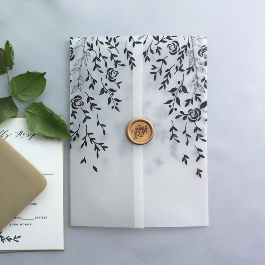 "Willow leaves and rose flower canopy black printed vellum wrap for 5x7 card | pack of 10" - Invitation Jackets and Overlays in black by Ivory Invitations