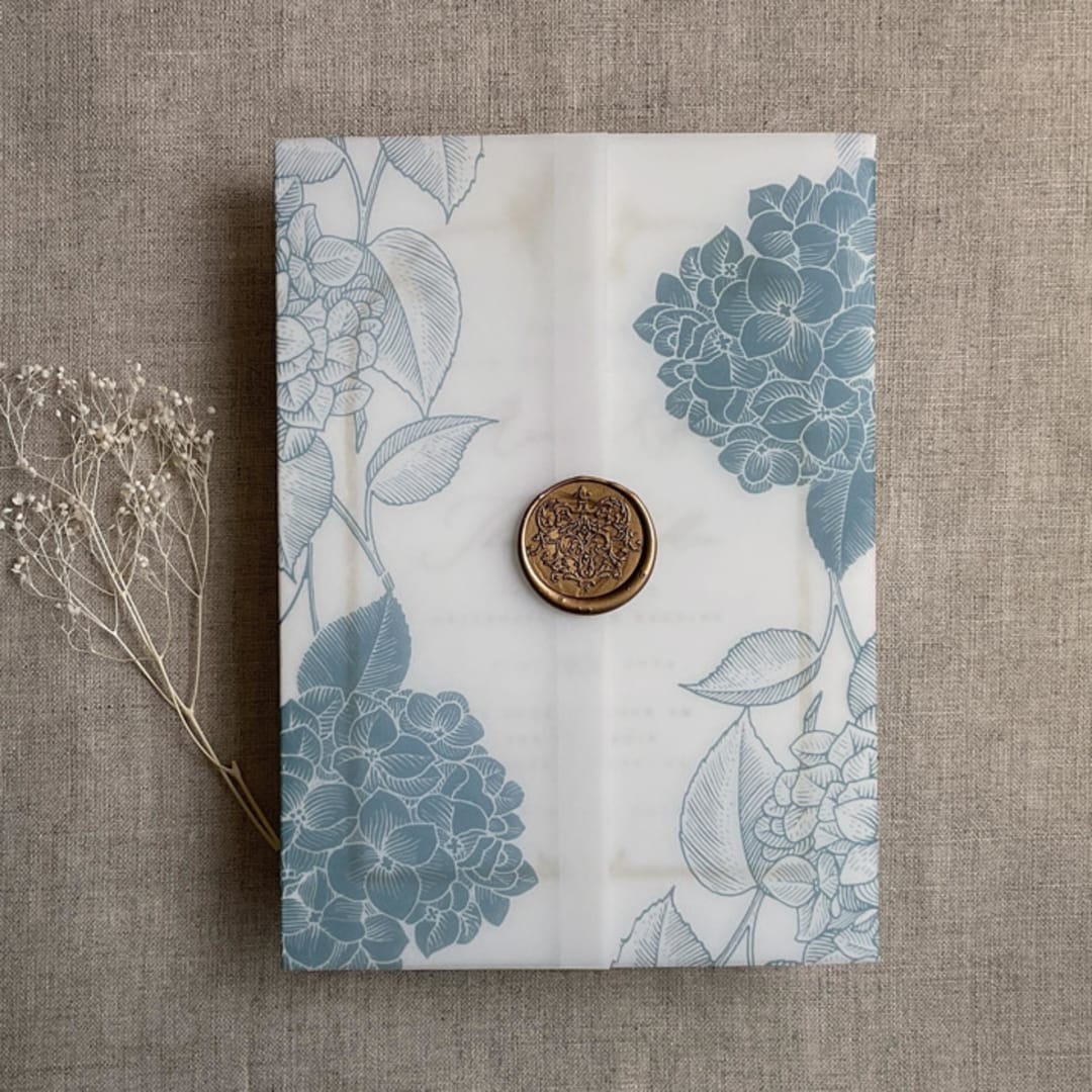 "Steel blue  Hydrangea floral printed vellum wrap for 5x7 card  | pack of 10" - Invitation Jackets and Overlays in blue by Ivory Invitations
