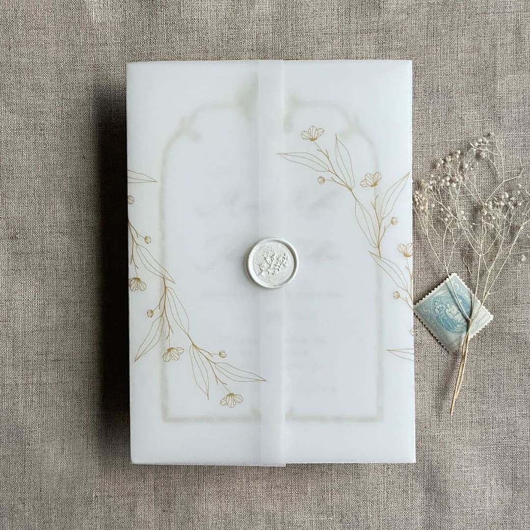 "Jessica minimalist gold vellum wraps for 5x7 card | pack of 10" - Invitation Jackets and Overlays in gold by Ivory Invitations