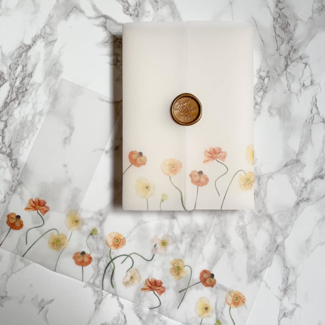 "Row of Poppies Vellum Jacket (10 pack)" - Invitation Jackets and Overlays in clear by Carley Zuercher