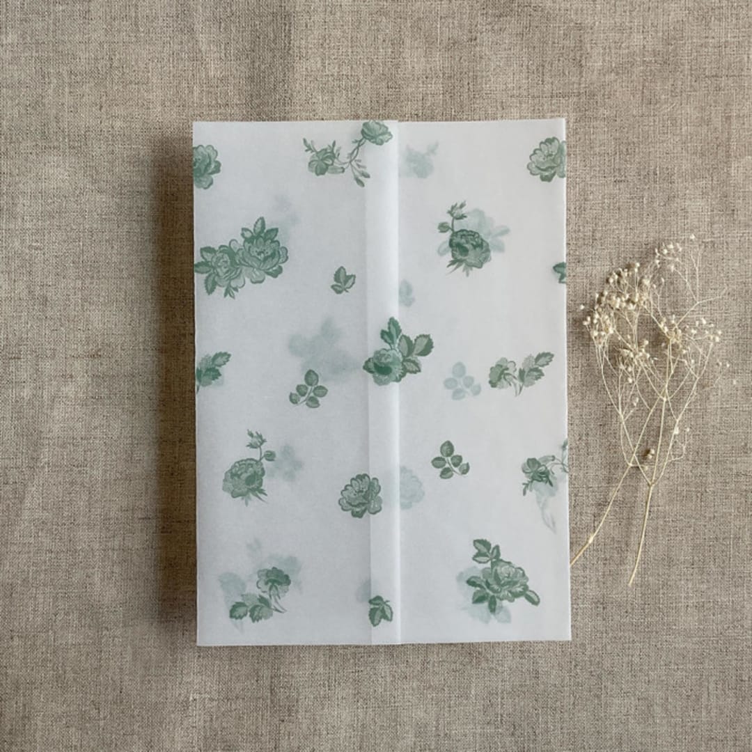 "Sage French roses lace floral printed vellum wrap for 5x7 card | pack of 10" - Invitation Jackets and Overlays in green by Ivory Invitations
