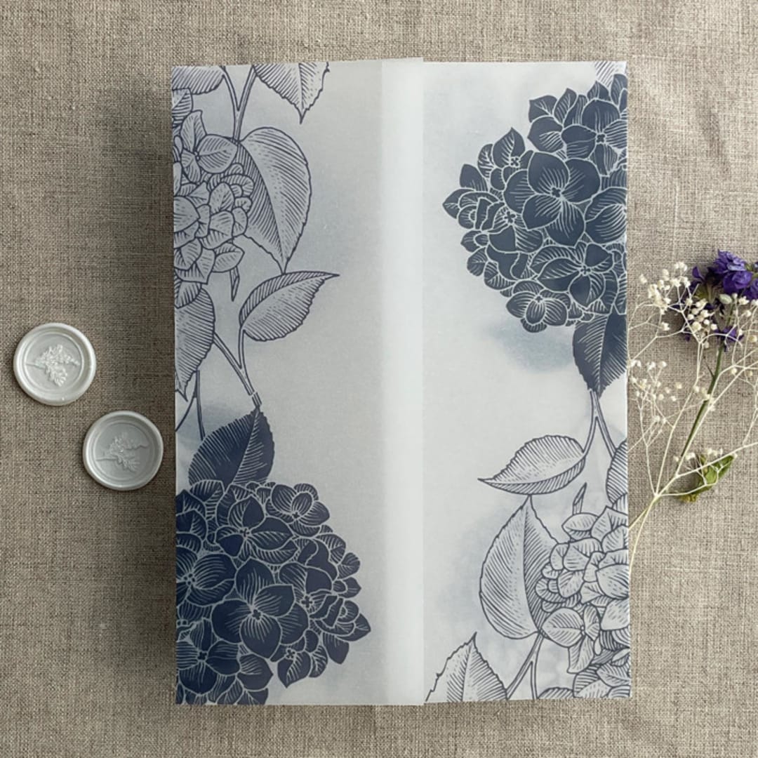 "Marin Hydrangea floral printed vellum wrap for 5x7 card | pack of 10" - Invitation Jackets and Overlays in blue by Ivory Invitations