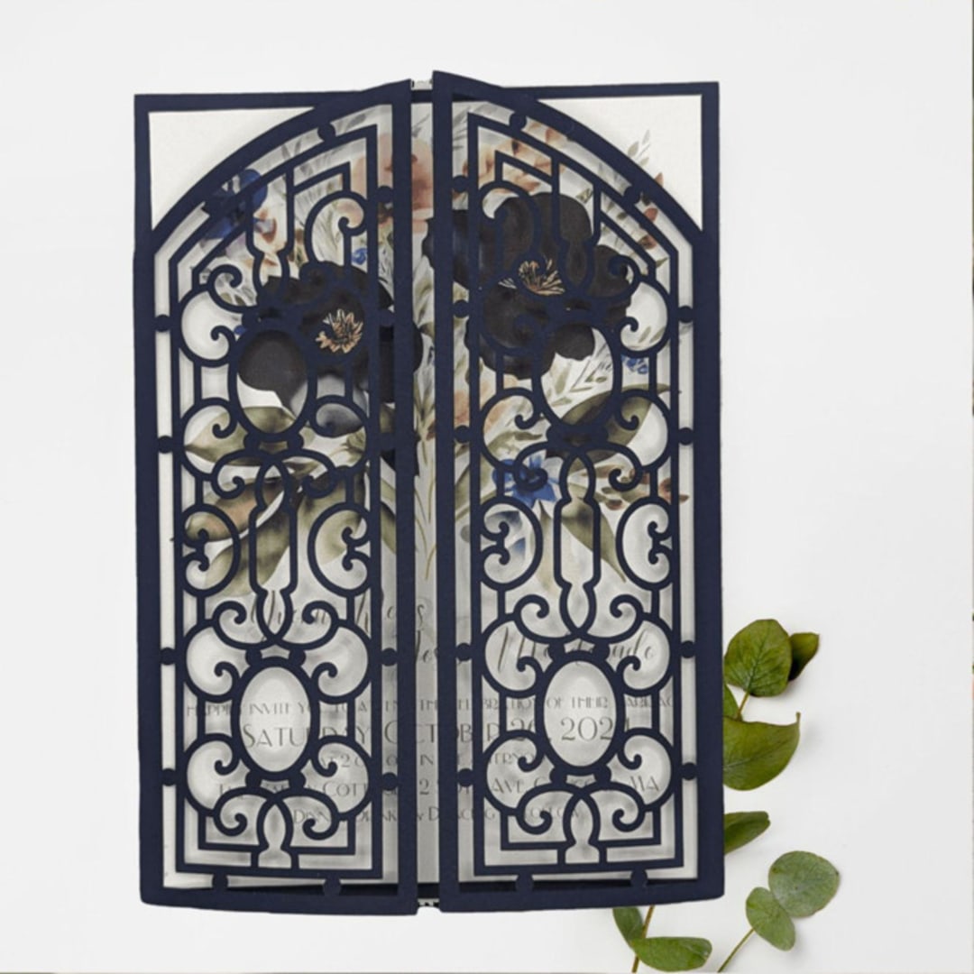 "Navy, Art Deco, Laser Cut Invitation Jacket, Qty 10" - Invitation Jackets and Overlays in blue by The Savage Label