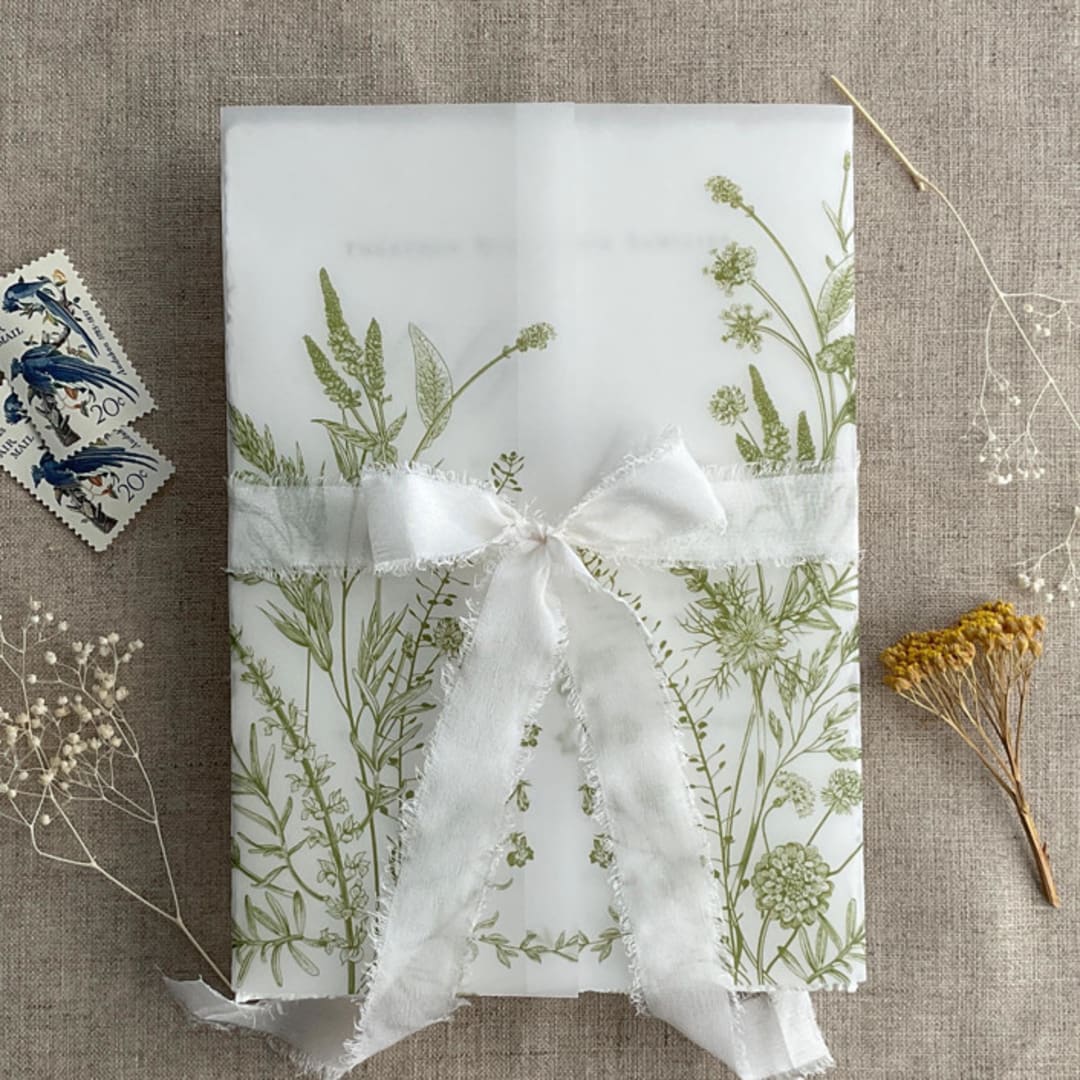 "Moss green English botanical garden floral printed vellum wrap for 5x7 card | pack of 10" - Invitation Jackets and Overlays in green by Ivory Invitations