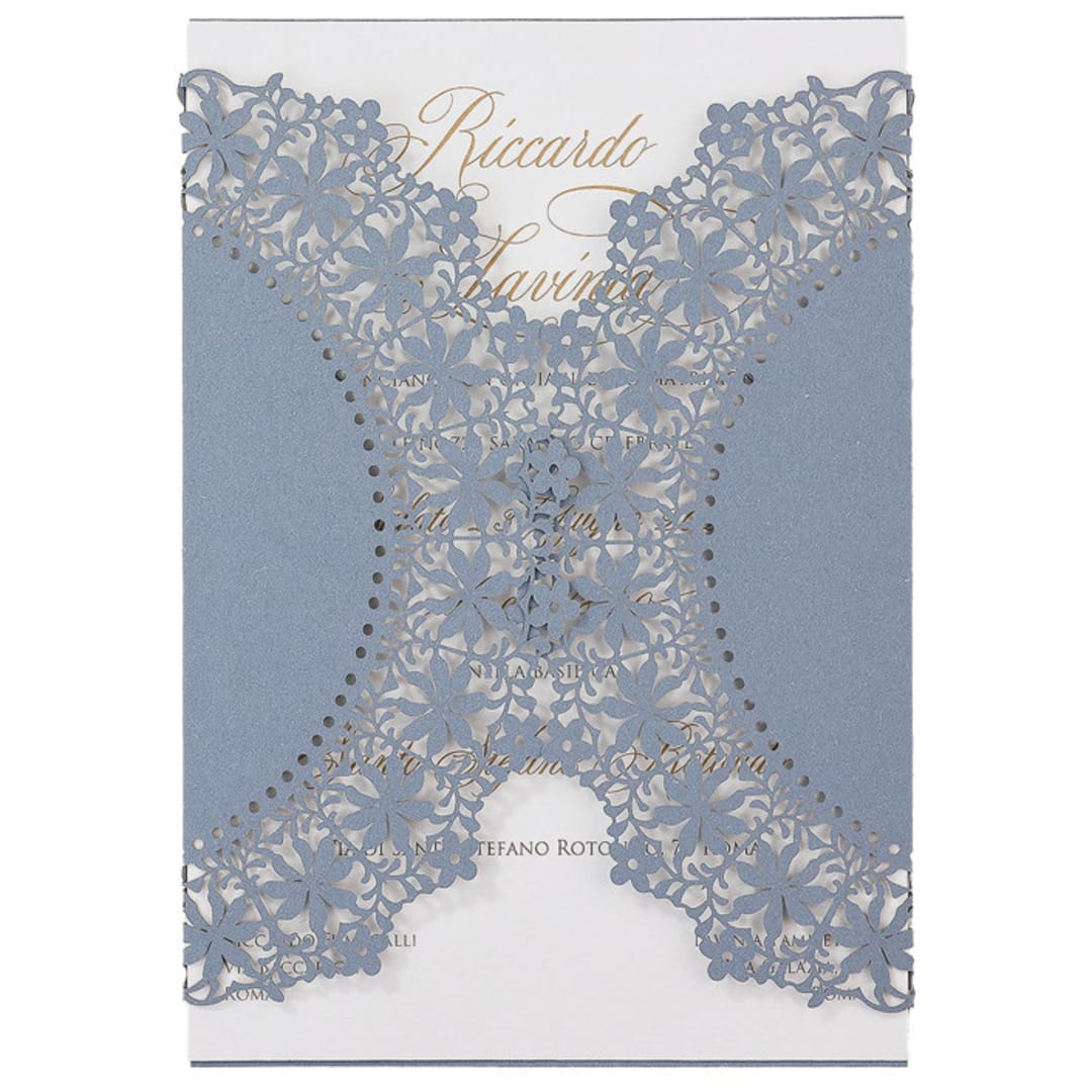 "Dusty Blue Lace Laser Cut Jacket for 5x7 Card | Set of 10 | Envelopes Included" - Invitation Jackets and Overlays in blue by Self Stationery