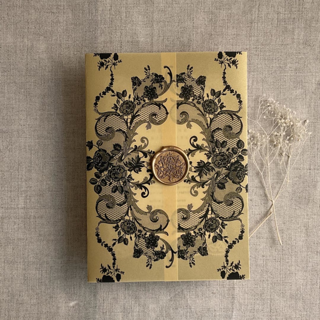 "Versailles nocturne gold shimmer vellum wrap for 5x7 card | pack of 10" - Invitation Jackets and Overlays in gold by Ivory Invitations
