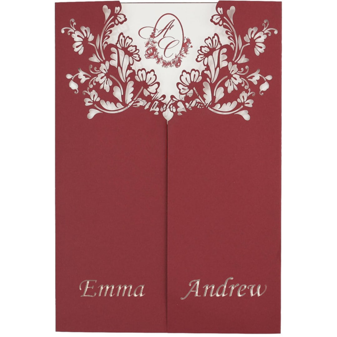 "Custom Laser Cut Cover with Names and Flowers Motif | Set of 10 | Envelopes Included" - Invitation Jackets and Overlays in red by Self Stationery