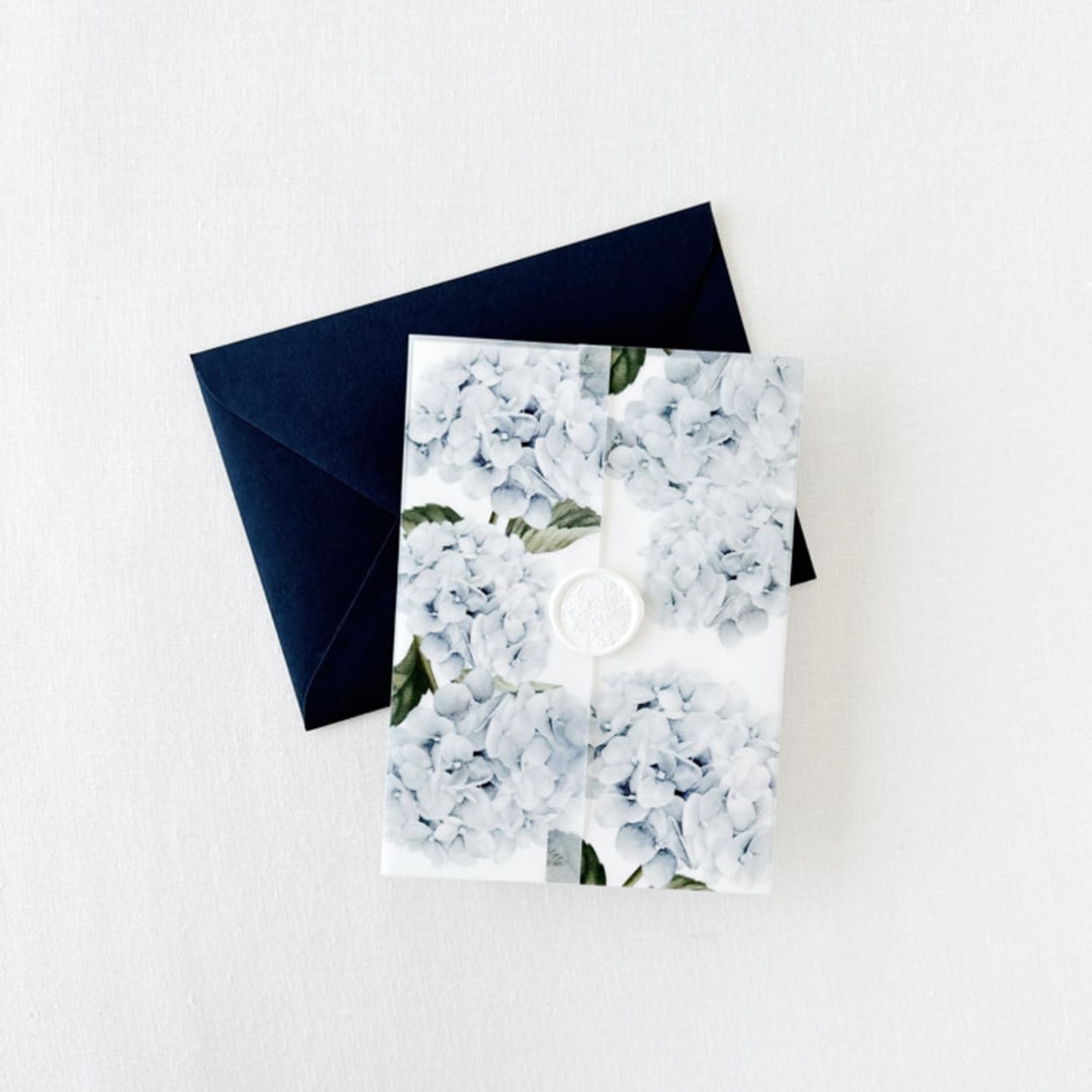 "Blue Hydrangea Floral Printed Vellum Jacket For 5x7 Card" - Invitation Jackets and Overlays in blue by Eva Friesen