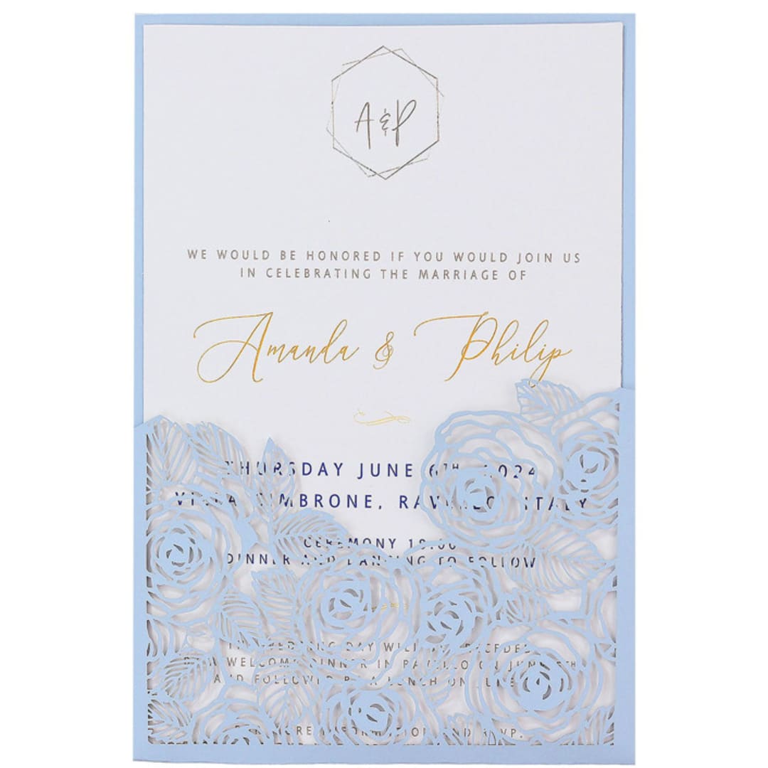"Blue Laser Cut Invitation Pocket for 5x7 Card | Set of 10 | Envelopes Included" - Invitation Jackets and Overlays in blue by Self Stationery