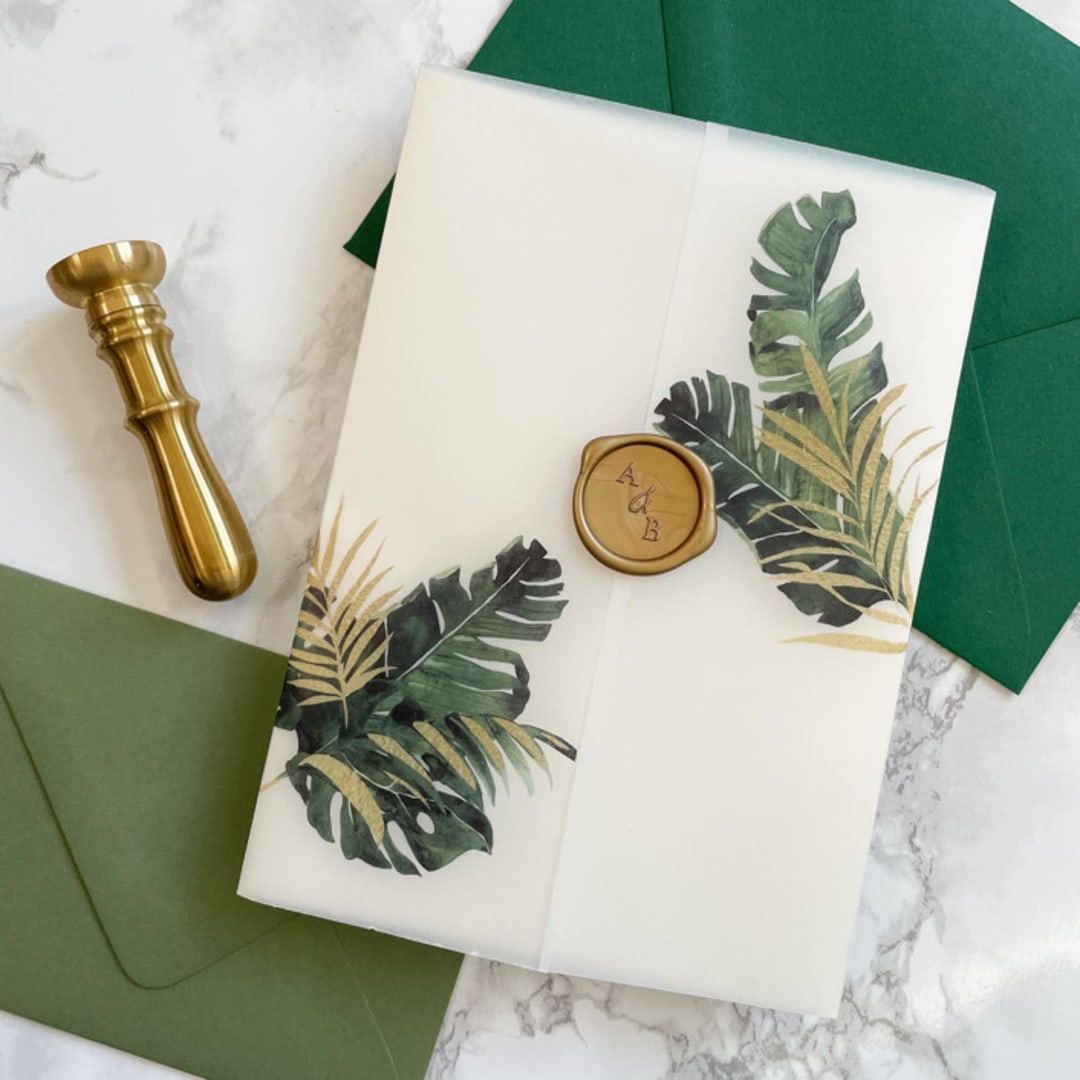 "Tropical Faux Gold Foil Vellum Wraps (10 pack)" - Invitation Jackets and Overlays in clear by Carley Zuercher
