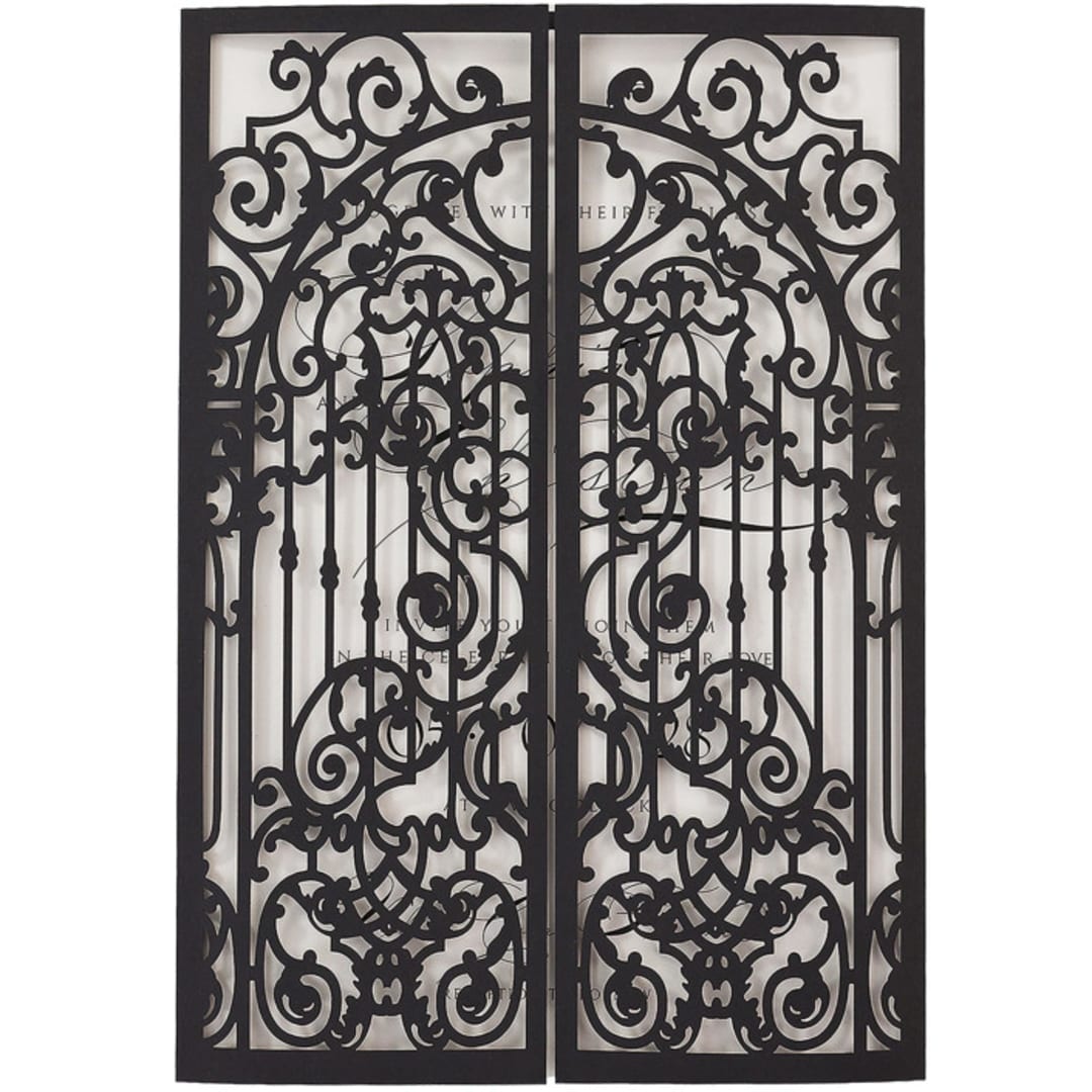 "Black Laser Cut Wedding Invitation Ornamental Gatefold | Set of 10 | Envelopes Included" - Invitation Jackets and Overlays in black by Self Stationery