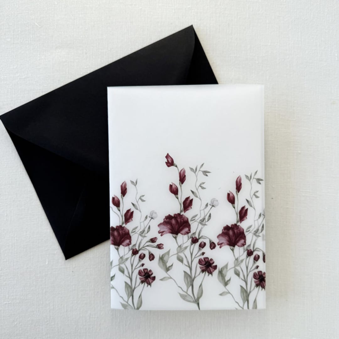 "Burgundy Floral Wedding Invitation Vellum Jacket | Set of 10" - Invitation Jackets and Overlays in multicolorassorted-colors by Eva Friesen