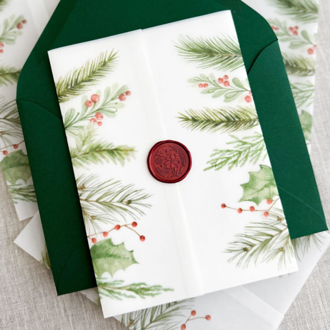 "Christmas greenery vellum wrap for 5x7 invitations | Set of 10" - Invitation Jackets and Overlays in multicolorassorted-colors by Maria Ferrer G.