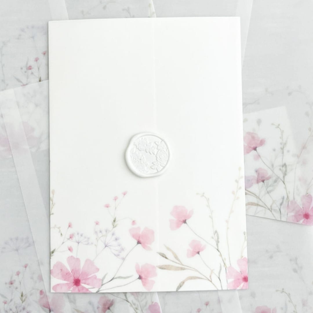 "Pink wildflowers vellum wraps for 5x7 invitations | Set of 10" - Invitation Jackets and Overlays in pink by Maria Ferrer G.