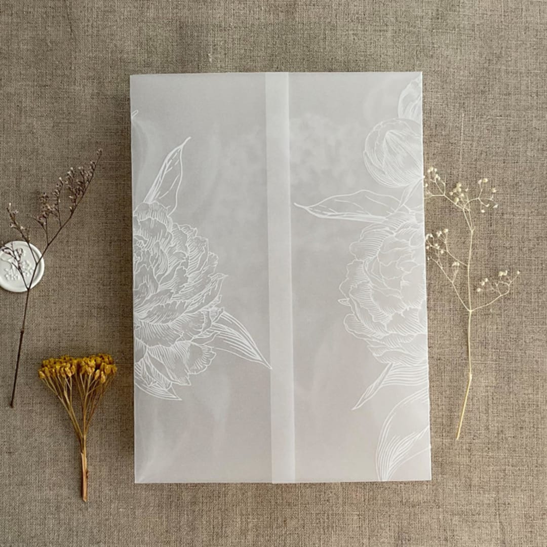 "White ink print etched grand peony floral printed vellum wrap for 5x7 card  | pack of 10" - Invitation Jackets and Overlays in white by Ivory Invitations