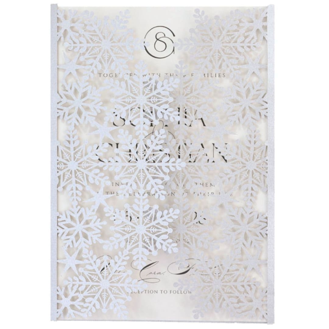 "Silver Metallic Laser Cut Snowflakes Covers | Set of 10 | Envelopes Included" - Invitation Jackets and Overlays in silver by Self Stationery