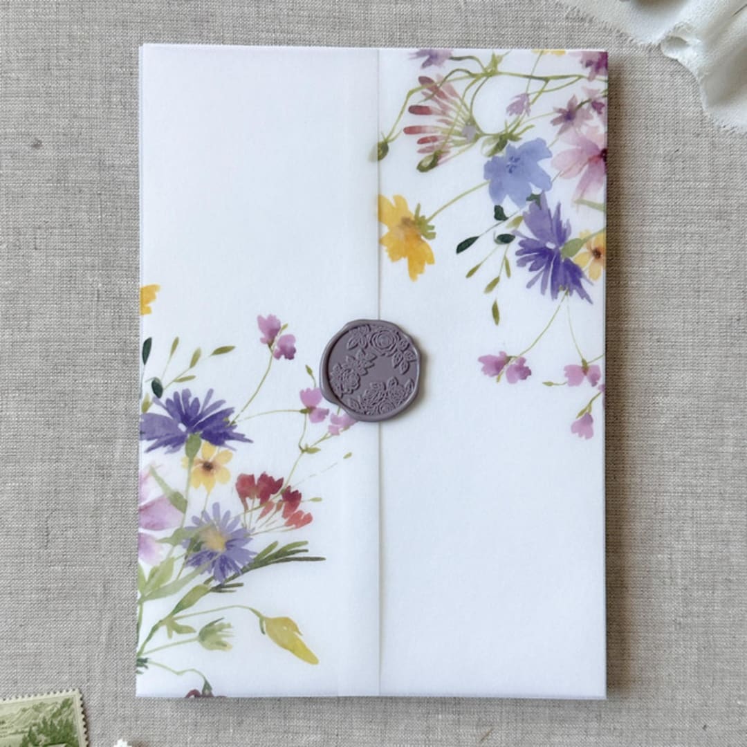 "Spring colorful wildflowers vellum jacket | Set of 10" - Invitation Jackets and Overlays in multicolor by Maria Ferrer G.