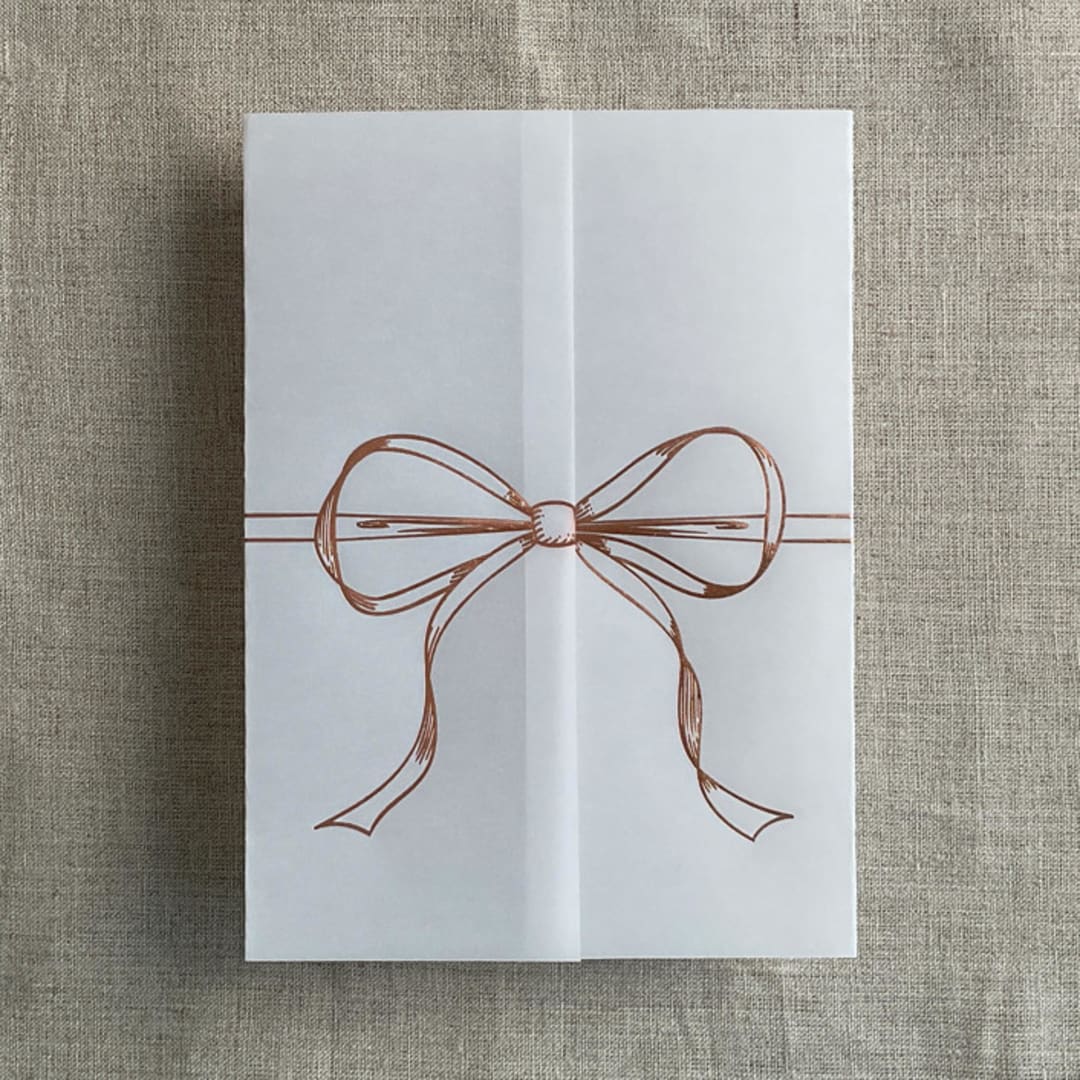 "Rose gold ribbon bow foil stamping vellum wrap for 5x7 card | pack of 10" - Invitation Jackets and Overlays in pink by Ivory Invitations