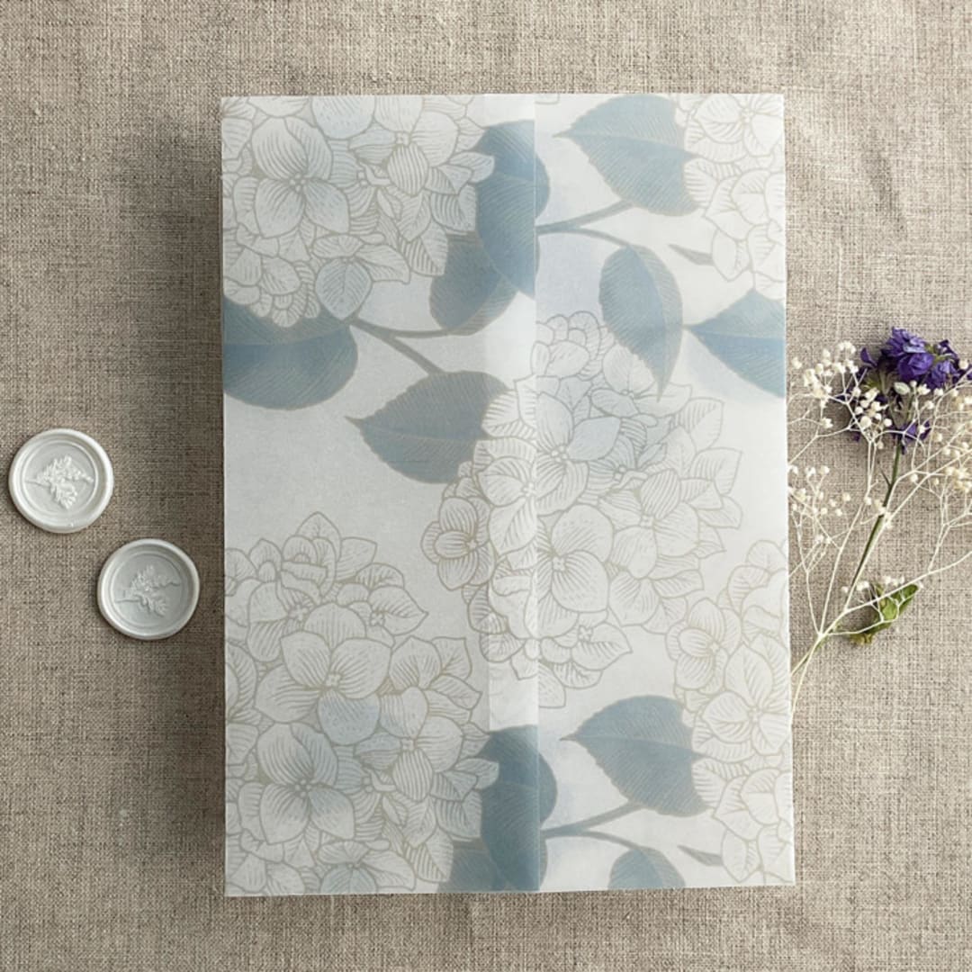 "Antique Hydrangea flower steel blue leaf printed vellum wrap for 5x7 card | pack of 10" - Invitation Jackets and Overlays in blue by Ivory Invitations