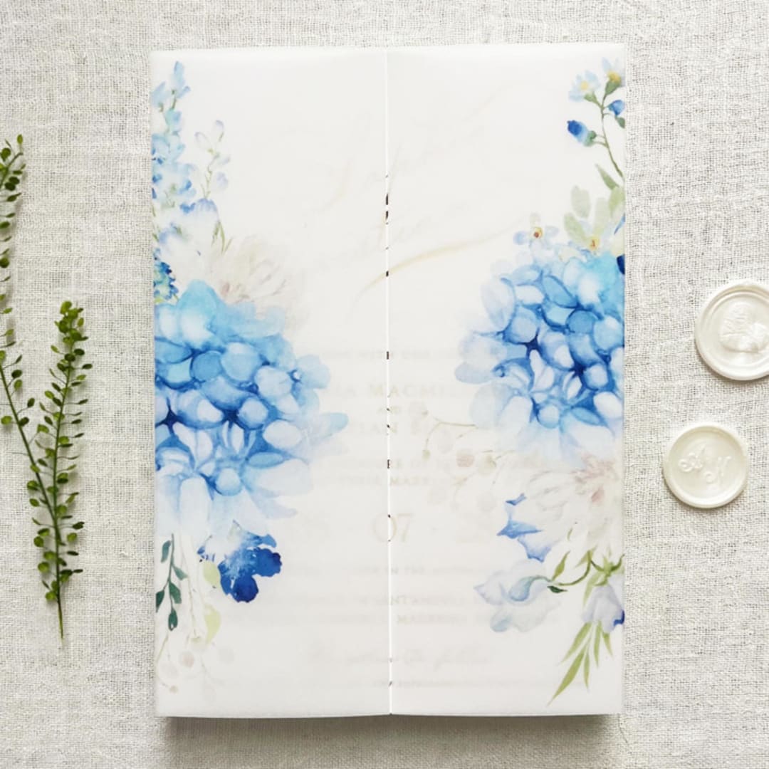 "Blue Hydrangea Floral Printed Vellum Wrap for 5x7 Invitation Card, Set of 10" - Invitation Jackets and Overlays in blue by Self Stationery