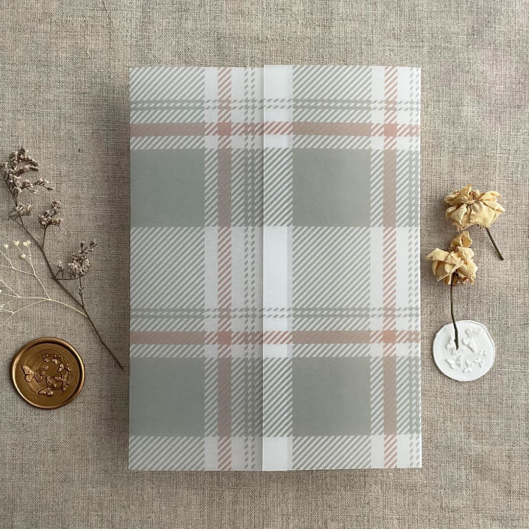 "Plaid lovers blush gray madaras printed vellum wrap for 5x7 card  | pack of 10" - Invitation Jackets and Overlays in multicolor by Ivory Invitations