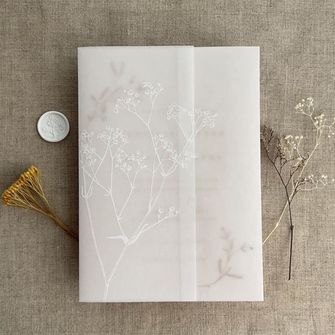 "White ink print minimalist baby's breath flower printed vellum wrap for 5x7 card  | pack of 10" - Invitation Jackets and Overlays in white by Ivory Invitations